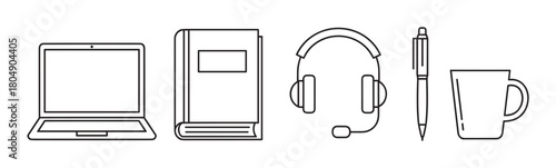 Minimalist black outline illustration of essential items for studying or working from home, featuring a computer, textbook, headphones with mic, pen, and a coffee cup