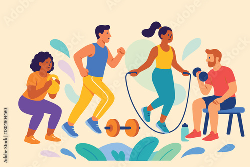 Diverse group of people engaging in various fitness activities together