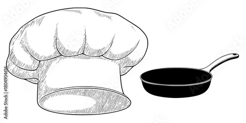 Chef's Hat & Pan Black White | Clean, isolated vector art for creative projects.