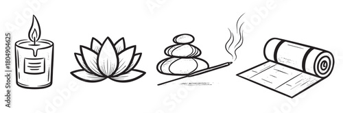 Collection of monochrome doodle illustrations representing spa and wellness concepts with a candle, lotus flower, balancing stones, incense stick, and a rolled yoga mat