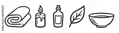 A set of hand-drawn spa and wellness icons including a rolled towel, candle, oil bottle, leaf, and bowl, rendered in a black and white textured sketch style for relaxation concepts