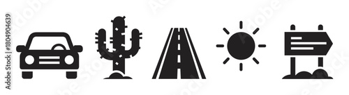 Minimalist black silhouette icon collection representing a journey through a hot, arid landscape with a vehicle, cactus, road, sun, and a road sign for navigation