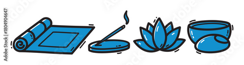 Simple cartoon illustration of wellness and spiritual practice accessories, featuring a yoga mat, burning aromatherapy stick, lotus symbol, and a sound healing bowl