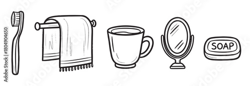 A collection of hand-drawn bathroom essentials including a toothbrush, towel, cup, mirror, and soap bar, presented in a simple black and white line art doodle style