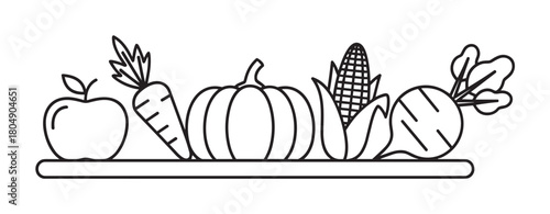 A simple black and white line art illustration of autumn harvest vegetables and fruit, including a pumpkin, corn, carrot, apple, and beet, arranged in a neat row