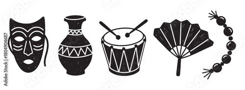 A collection of ethnic cultural symbols including a tribal mask, vase, drum, fan, and beads, illustrated in a black and white hand-drawn, textured block print style
