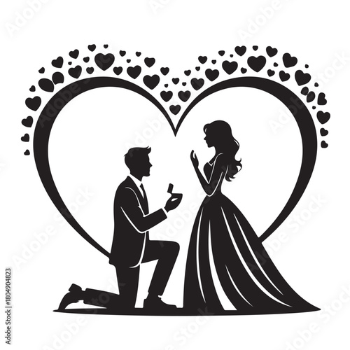 Silhouette of a man proposing to a woman inside a heart isolated on white background for wedding card
