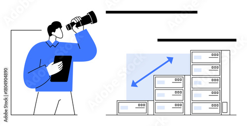 Man holding tablet, observing upward growth trend on stacked servers with telescope. Ideal for business strategy, growth, data analysis, technology, research, planning leadership. Simple flat