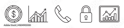 A collection of minimalist black line art icons representing business concepts like finance, growth, communication, security, and data analysis in a clean, modern style
