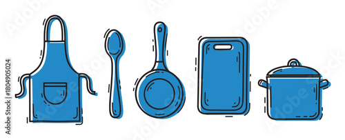 A collection of blue kitchen utensils including an apron, spoon, frying pan, cutting board, and cooking pot, illustrated in a charming hand-drawn doodle style