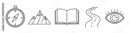 Minimalist black line icons representing a journey of discovery, featuring a compass, mountains, an open book, a winding road, and an eye for vision and exploration