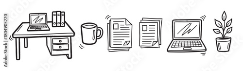 Simple black line art illustration of various work from home essentials like a computer desk, paperwork, a laptop, a coffee cup, and a houseplant in a sketchy, hand-drawn style