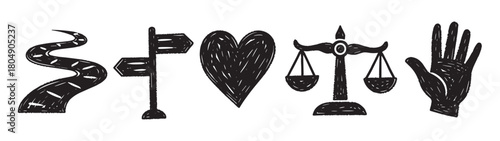 Set of black sketch-style symbols showing a path, direction sign, love heart, justice scales, and an open hand, illustrating concepts of life choices, ethics, and values
