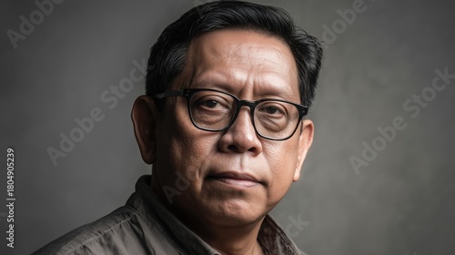 Senior Asian man with glasses, wearing a dark shirt, poses against a neutral background. He has short black hair and a serious expression.