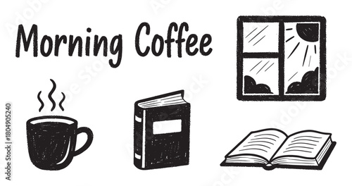 A charming hand-drawn illustration set with a steaming coffee cup, books, and a sunny window, featuring 'Morning Coffee' text in a sketchy, textured black and white style