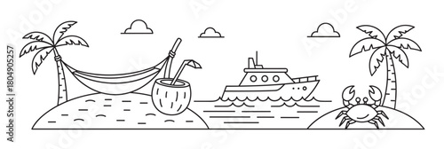 A relaxing tropical vacation scene depicted in simple black outline line art, featuring palm trees, a hammock, a coconut drink, a boat on the sea, and a crab on the sand