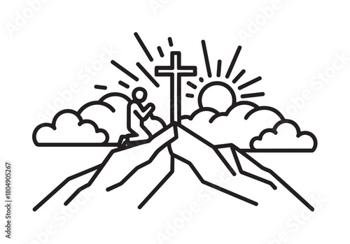 A symbolic black line art illustration of a person kneeling in prayer before a holy cross on a mountain summit, with a radiant sun and clouds representing faith and worship