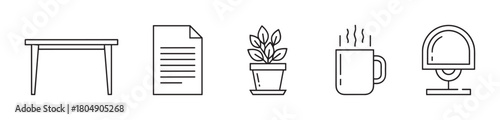 A minimalist set of black line icons representing office and workspace elements, including a desk, document, potted plant, steaming mug, and a modern table lamp