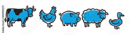 A charming set of blue farm animals including a cow, chicken, pig, sheep, and duck, all rendered in a playful, hand-drawn cartoon style with thick black outlines
