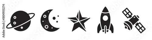 A set of black space-themed icons including a ringed planet, crescent moon, star, rocket, and satellite, presented in a clean, minimalist graphic style for astronomy and exploration concepts
