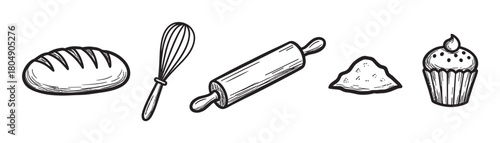 A set of monochrome baking and cooking elements including a loaf of bread, kitchen whisk, rolling pin, flour pile, and a sweet cupcake in a hand-drawn doodle art style