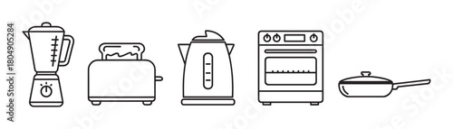 A minimalist set of kitchen appliance icons, including a blender, toaster, electric kettle, oven, and frying pan, rendered in a clean black and white line art style