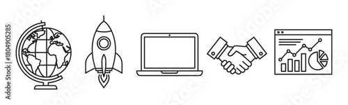 A set of minimalist black line art icons representing global business, startup launch, technology, partnership, and data analytics in a clean, modern vector style