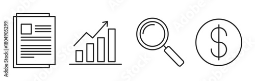 Minimalist black outline icon collection representing financial analysis, business reports, market research, and economic growth with a clean, simple design