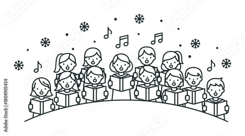 A cute black and white line art illustration of a children's choir singing Christmas carols from songbooks under falling snowflakes with musical notes floating in the air