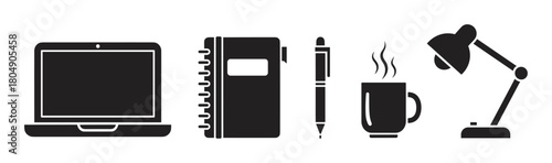 A set of black silhouette icons representing a modern workspace with a laptop, notebook, pen, steaming mug, and a desk lamp for business or study concepts