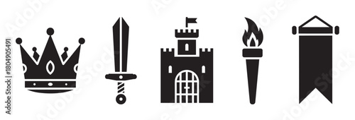 A collection of black medieval icons including a royal crown, a sword, a castle tower, a flaming torch, and a banner, depicted in a simple graphic silhouette style
