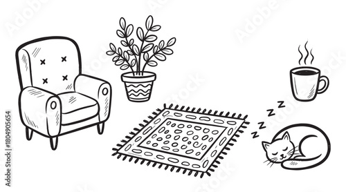 A charming hand-drawn illustration set of cozy home elements, including a sleeping cat, a comfortable armchair, a houseplant, a patterned rug, and a steaming hot drink