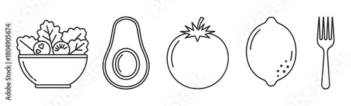 A set of minimalist line art icons depicting healthy food ingredients like a salad bowl, avocado, tomato, and lemon alongside a fork, representing clean eating and nutrition