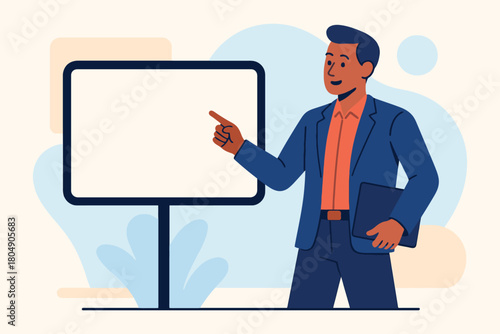 Man in suit pointing at blank presentation screen with copy space