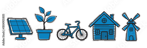 Set of eco-friendly doodle illustrations featuring a solar panel, potted plant, bicycle, wooden cabin, and windmill symbolizing green energy and a sustainable lifestyle
