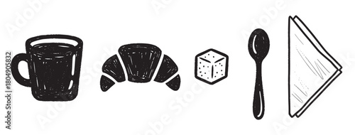 A set of hand-drawn breakfast icons including a coffee mug, croissant, sugar cube, spoon, and napkin, illustrated in a rough, sketchy, black and white linocut print style