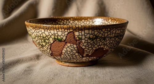 Antique Ceramic Bowl with Cracked Glaze and Floral Design.
