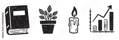 A collection of hand-drawn icons including a book, potted plant, lit candle, and a growth chart, representing knowledge, development, ideas, and business success