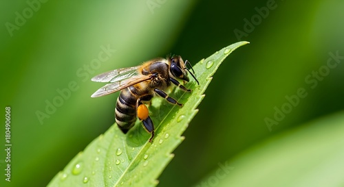 Honey Bee Resting on a Green Leaf with Water Droplets.