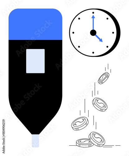 Drip bag dispensing with clock showing time and coins falling suggestively. Ideal for medical cost, time value, productivity, financial resources, healthcare, energy, simple flat metaphor
