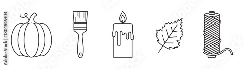 A collection of linear vector icons for autumn holidays and hobbies, featuring a pumpkin, paintbrush, lit candle with melting wax, a jagged leaf, and a spool of twine