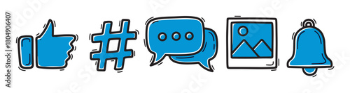 Collection of modern social media icons in a blue and black hand-drawn doodle style, featuring a thumbs up, hashtag, speech bubble, picture, and notification bell