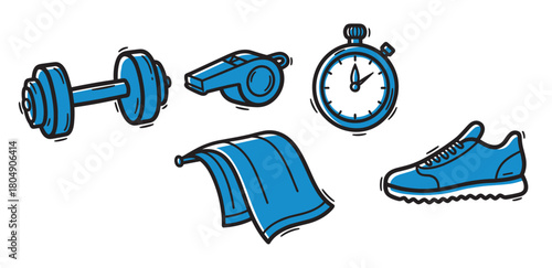 A collection of blue sports and fitness equipment icons, including a dumbbell, whistle, stopwatch, towel, and sneaker, rendered in a hand-drawn doodle style with bold outlines