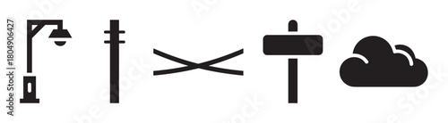 Urban and environmental symbols in a flat design style, featuring a street lamp, power pole, cross mark, blank road sign, and a simple weather cloud icon collection