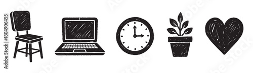 A set of hand-drawn doodle icons representing work-life balance, including a chair, laptop, clock, plant, and heart, all rendered in a rough, sketchy black ink style