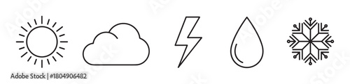 A collection of five weather forecast icons including a sun, cloud, lightning bolt, raindrop, and snowflake, illustrated in a clean and simple black line art style