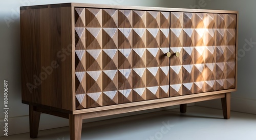 Mid Century Modern Wood Cabinet with Geometric Facade.