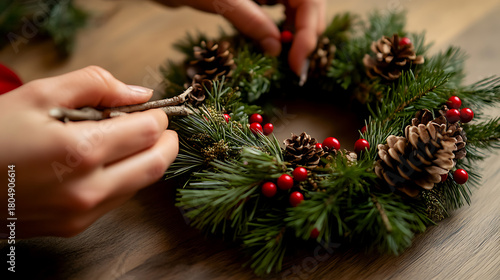 Crafting a festive wreath with natural elements, blending pinecones, greenery, and berries for a touch of winter charm and homespun holiday spirit! Making wreaths at home.