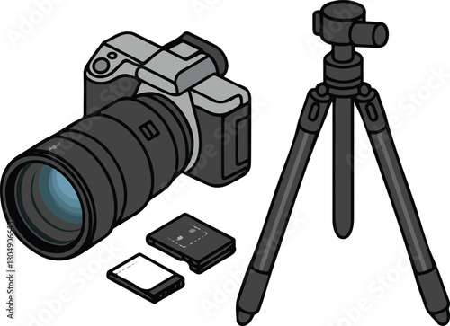 Camera and Tripod Vector Illustration for Photography Equipment. Sd Card, Camera Lens, Tripod Concept. Photography, Gear, Studio