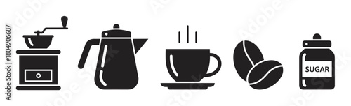 Minimalist graphic illustration of coffee making elements, showcasing a grinder, kettle, steaming mug, coffee beans, and a sugar jar as a cohesive black icon set